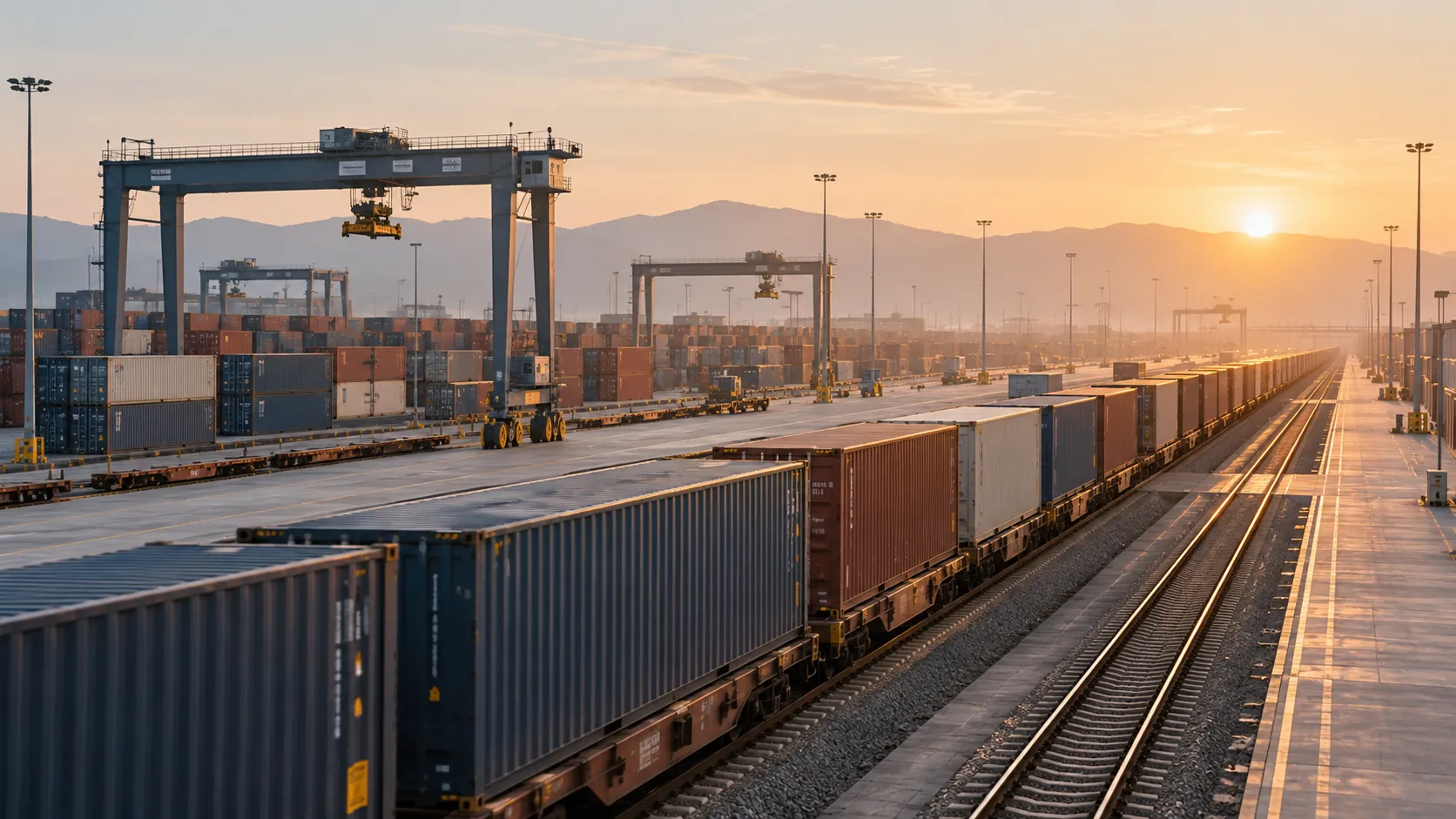 Containerterminal ved solnedgang